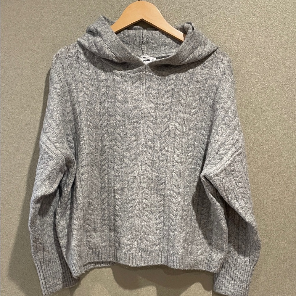 For The Republic Gray Cable Knit Hooded Sweater